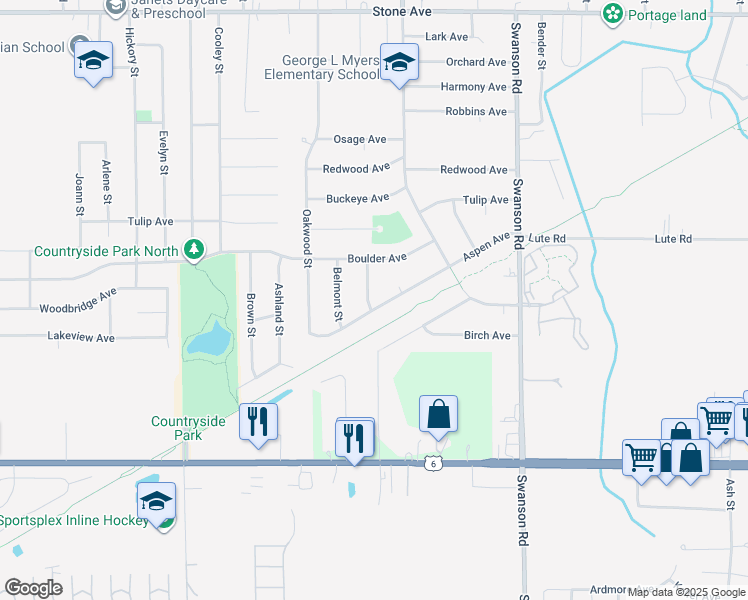 map of restaurants, bars, coffee shops, grocery stores, and more near 3313 Debra Street in Portage
