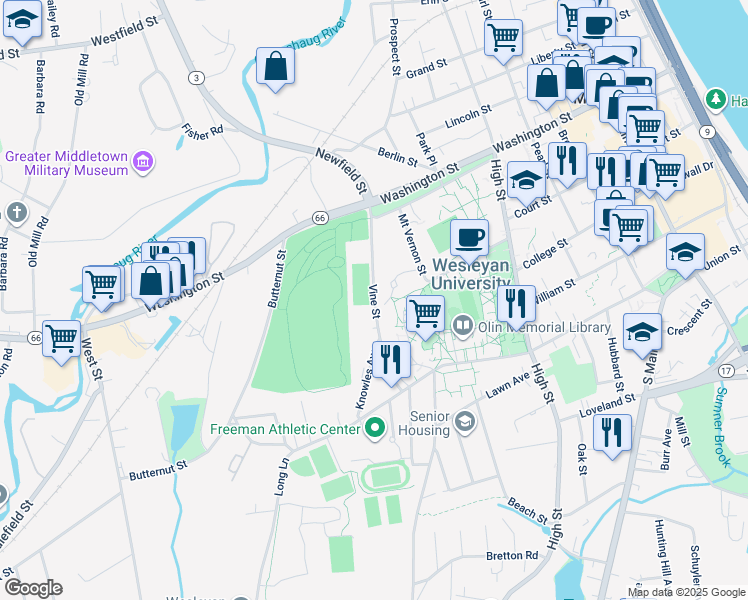 map of restaurants, bars, coffee shops, grocery stores, and more near Vine Street in Middletown