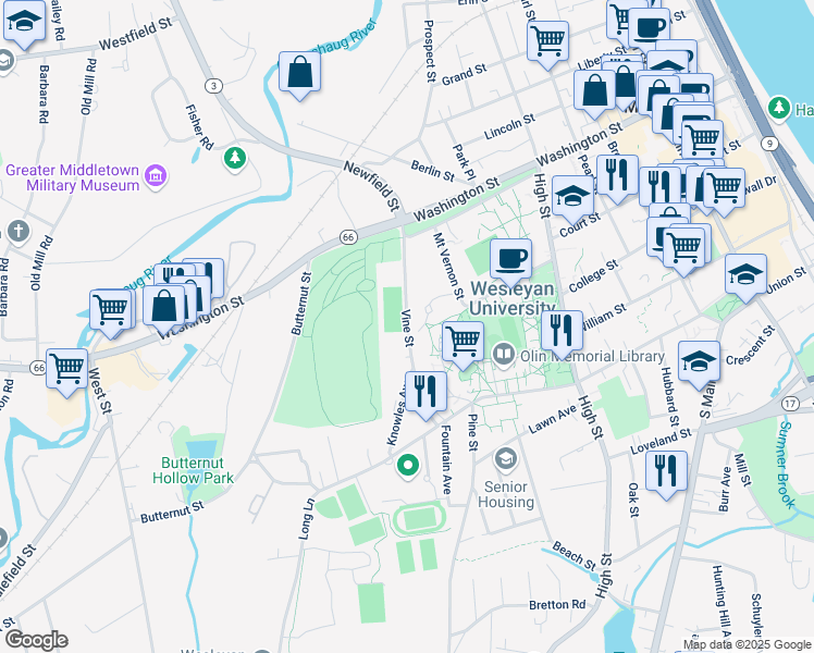 map of restaurants, bars, coffee shops, grocery stores, and more near Vine Street in Middletown