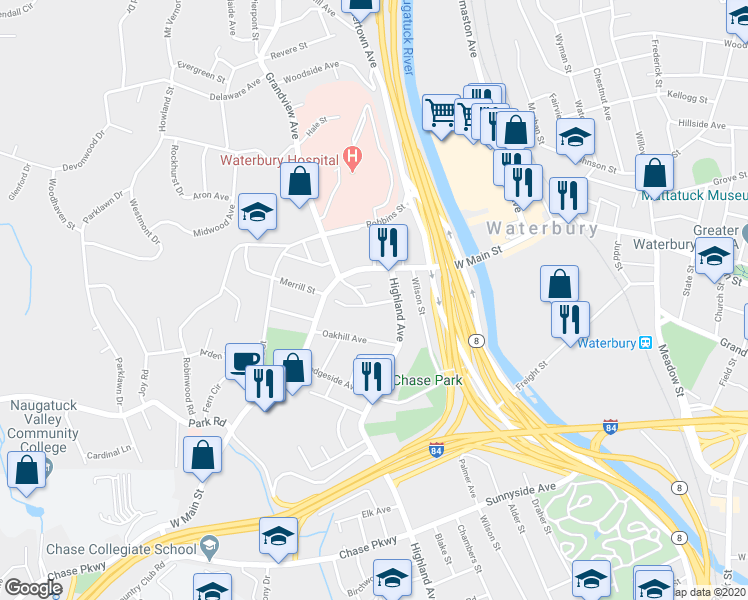 map of restaurants, bars, coffee shops, grocery stores, and more near 32 Starview Avenue in Waterbury