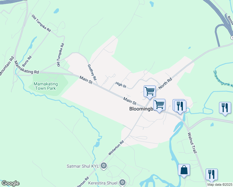 map of restaurants, bars, coffee shops, grocery stores, and more near 114 Main Street in Bloomingburg