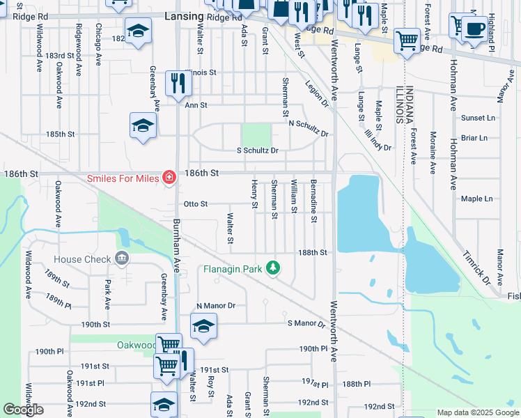 map of restaurants, bars, coffee shops, grocery stores, and more near 18657 Henry Street in Lansing