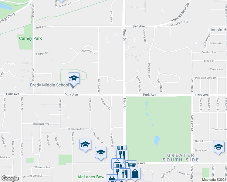 map of restaurants, bars, coffee shops, grocery stores, and more near 2201 Park Ave in Des Moines