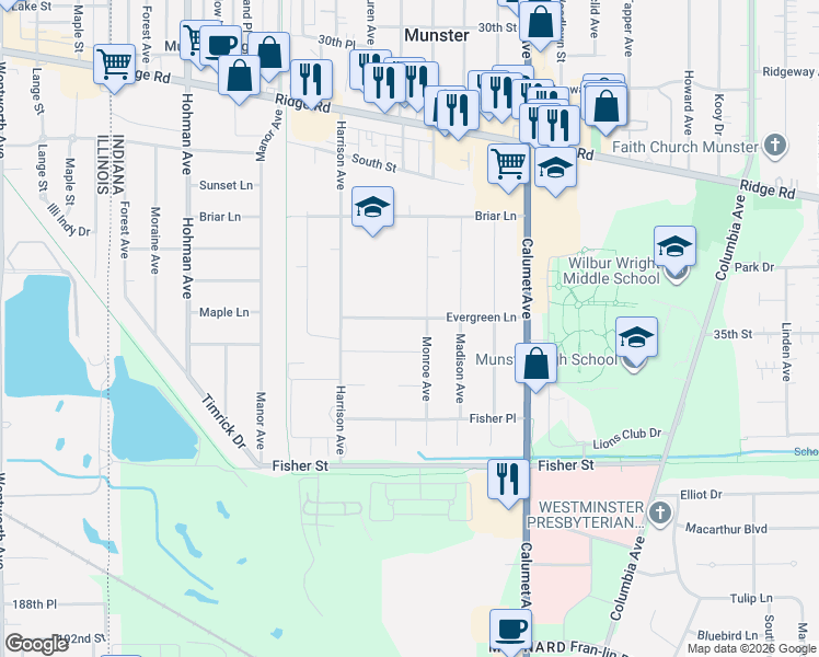 map of restaurants, bars, coffee shops, grocery stores, and more near 8700-8726 Monroe Avenue in Munster