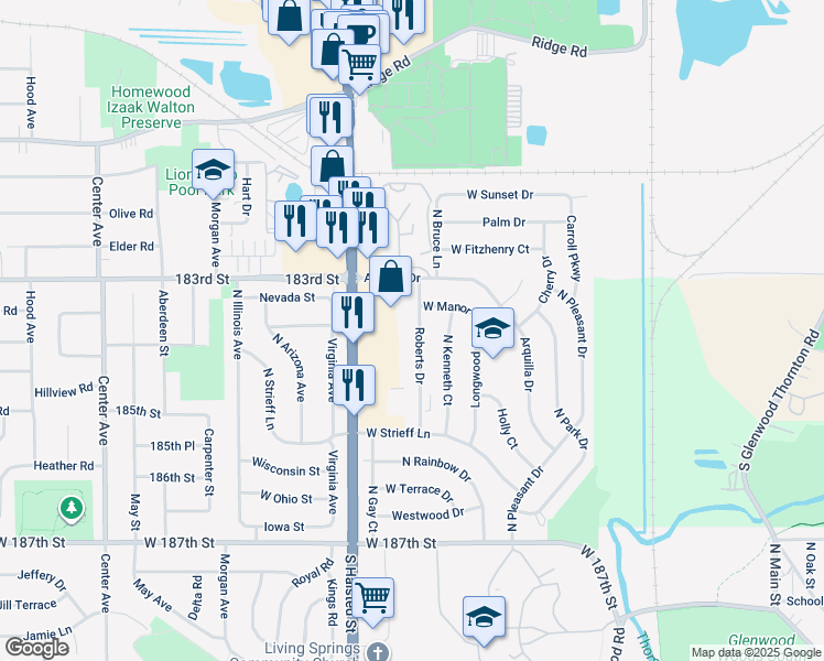 map of restaurants, bars, coffee shops, grocery stores, and more near 520 Roberts Drive in Glenwood