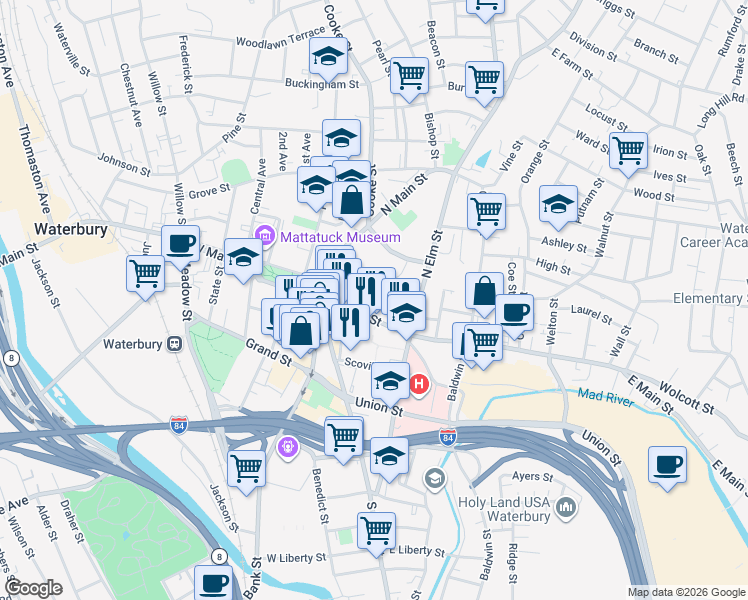 map of restaurants, bars, coffee shops, grocery stores, and more near 99 East Main Street in Waterbury