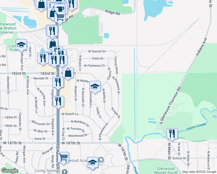 map of restaurants, bars, coffee shops, grocery stores, and more near 520 North Park Drive in Glenwood
