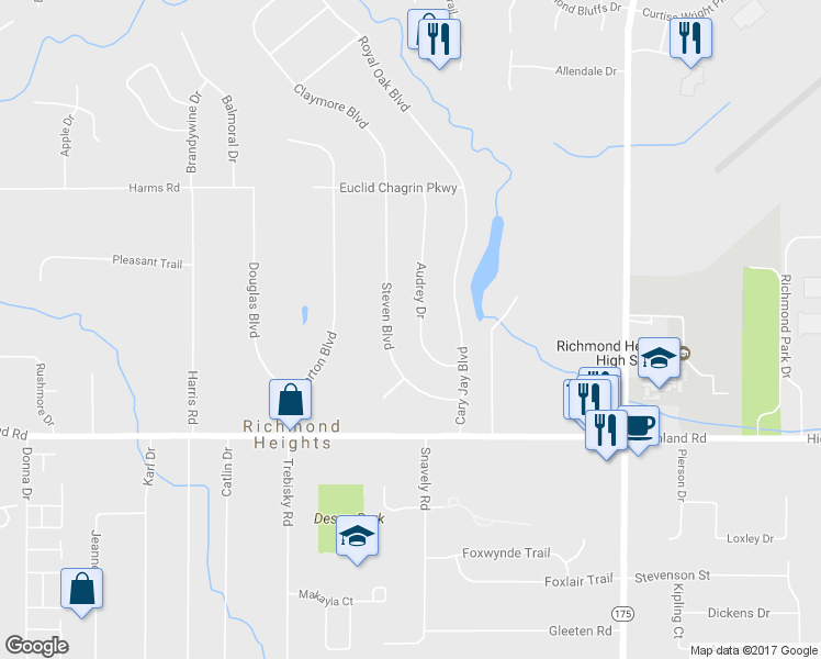 map of restaurants, bars, coffee shops, grocery stores, and more near 428 Audrey Drive in Richmond Heights
