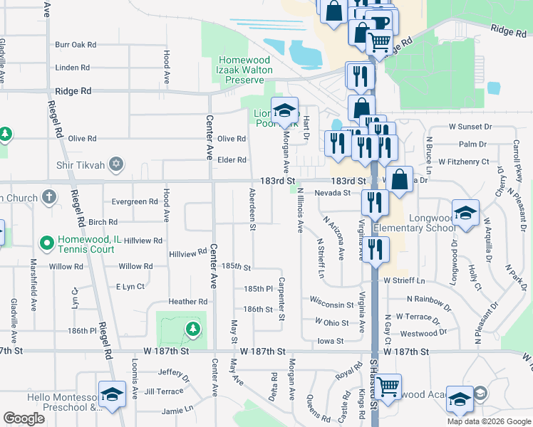 map of restaurants, bars, coffee shops, grocery stores, and more near 18347 Carpenter Street in Homewood