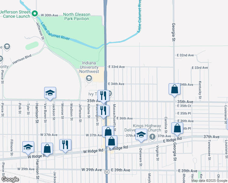 map of restaurants, bars, coffee shops, grocery stores, and more near 3440 Massachusetts Street in Gary