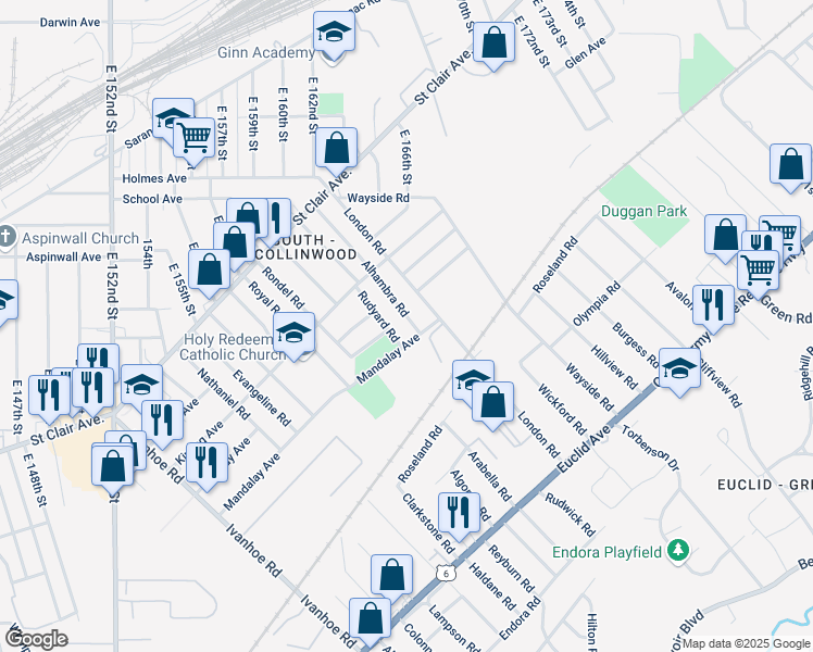 map of restaurants, bars, coffee shops, grocery stores, and more near 936 Alhambra Road in Cleveland