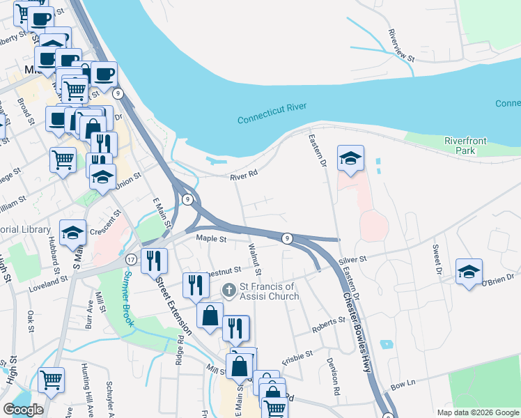 map of restaurants, bars, coffee shops, grocery stores, and more near 14 Omo Street in Middletown