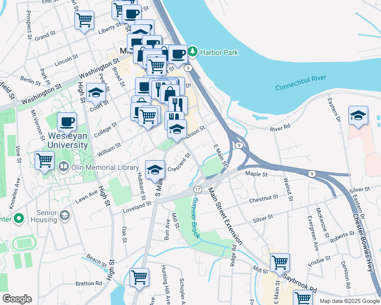 map of restaurants, bars, coffee shops, grocery stores, and more near 70 Crescent Street in Middletown