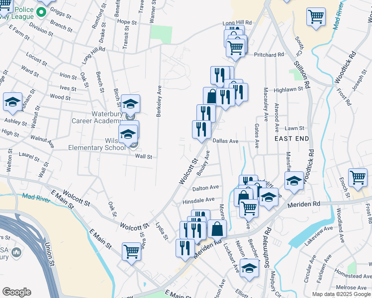 map of restaurants, bars, coffee shops, grocery stores, and more near 481 Wolcott Street in Waterbury