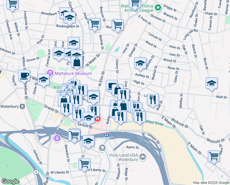 map of restaurants, bars, coffee shops, grocery stores, and more near 19 Walnut Street in Waterbury