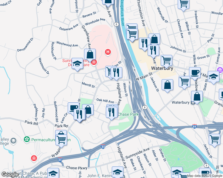 map of restaurants, bars, coffee shops, grocery stores, and more near 32 Starview Avenue in Waterbury