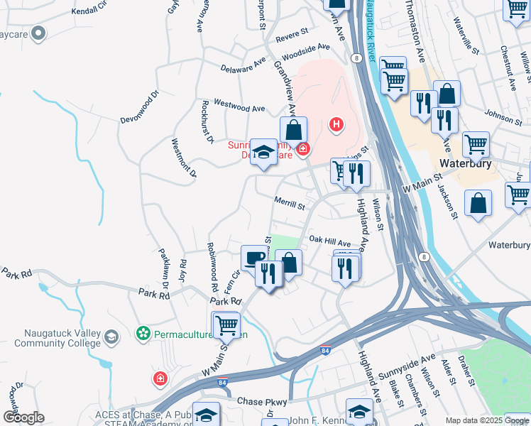 map of restaurants, bars, coffee shops, grocery stores, and more near 234 Robbins Street in Waterbury