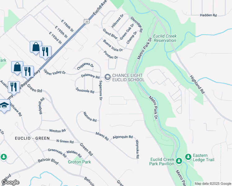 map of restaurants, bars, coffee shops, grocery stores, and more near 20281 Major Drive in Euclid