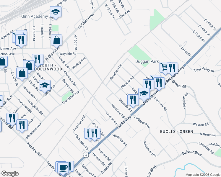 map of restaurants, bars, coffee shops, grocery stores, and more near 1636 Wayside Road in Cleveland
