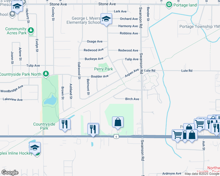 map of restaurants, bars, coffee shops, grocery stores, and more near 5466 Aspen Avenue in Portage