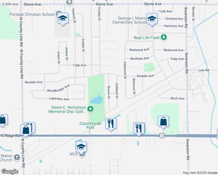 map of restaurants, bars, coffee shops, grocery stores, and more near 3305 Brown Street in Portage