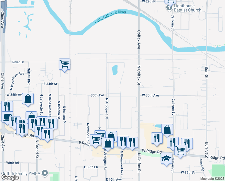 map of restaurants, bars, coffee shops, grocery stores, and more near 1925 North Arbogast Street in Griffith