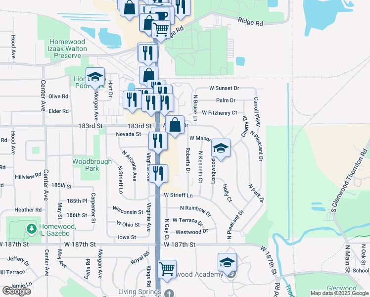 map of restaurants, bars, coffee shops, grocery stores, and more near 521 Roberts Drive in Glenwood