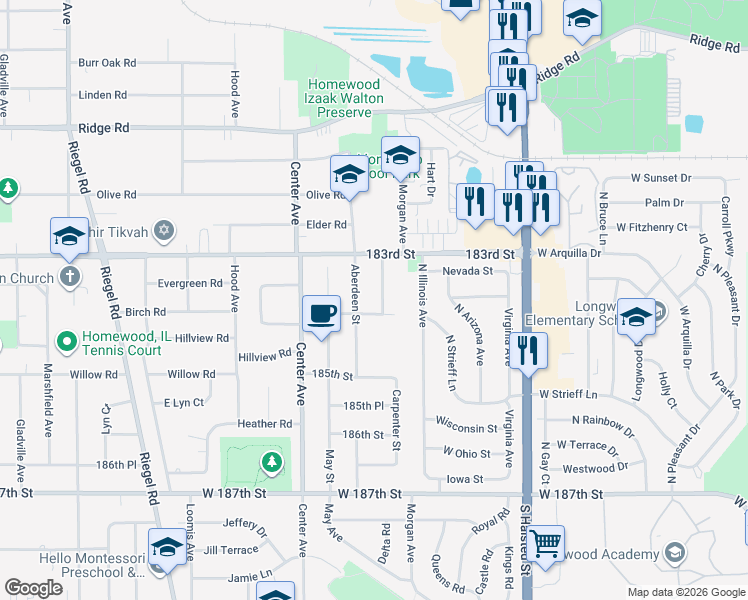 map of restaurants, bars, coffee shops, grocery stores, and more near 18347 Carpenter Street in Homewood
