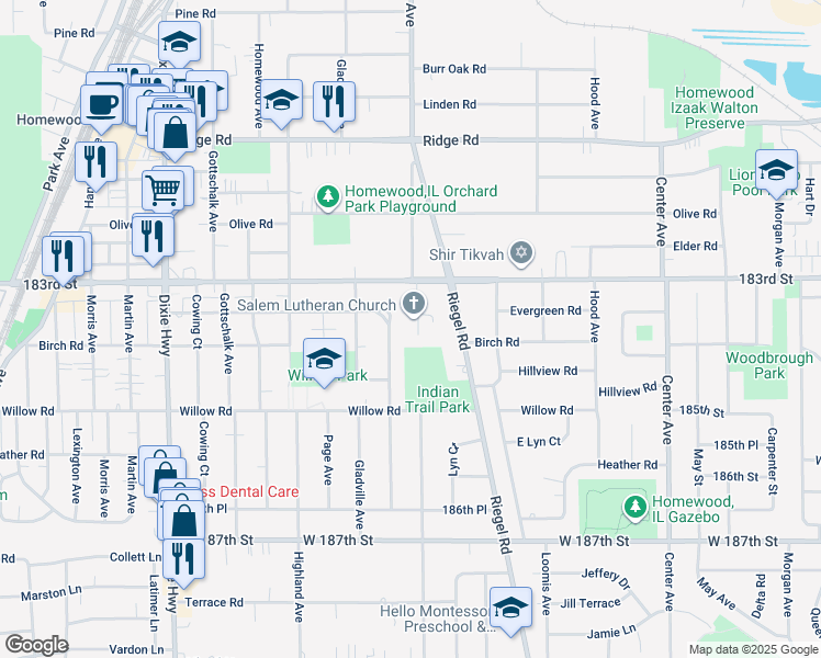 map of restaurants, bars, coffee shops, grocery stores, and more near 18324 Ashland Avenue in Homewood