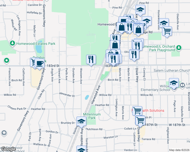 map of restaurants, bars, coffee shops, grocery stores, and more near 2301 183rd Street in Homewood