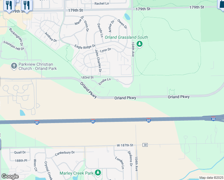 map of restaurants, bars, coffee shops, grocery stores, and more near 10501 Emilie Ln in Mokena