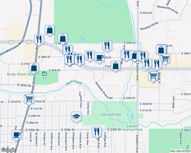 map of restaurants, bars, coffee shops, grocery stores, and more near 1153 East Kimberly Road in Davenport