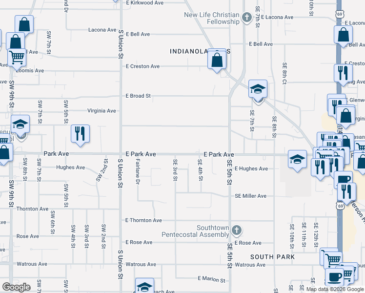 map of restaurants, bars, coffee shops, grocery stores, and more near 320 East Park Avenue in Des Moines