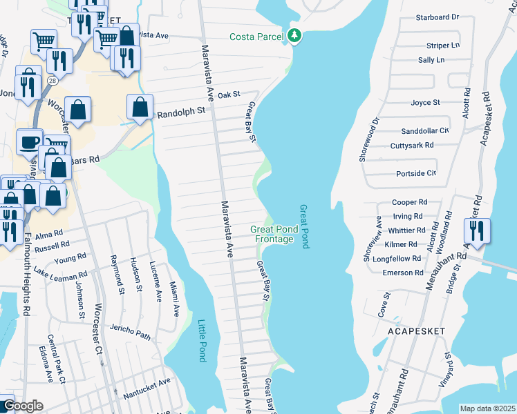 map of restaurants, bars, coffee shops, grocery stores, and more near 74 Reynolds Street in Falmouth