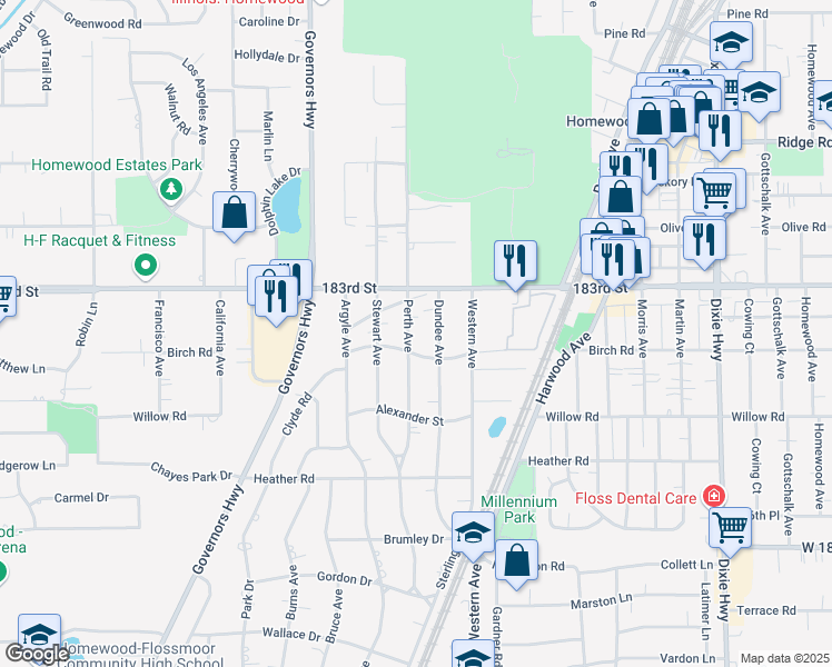 map of restaurants, bars, coffee shops, grocery stores, and more near 18345 Perth Avenue in Homewood