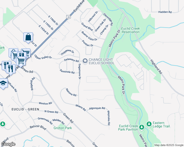 map of restaurants, bars, coffee shops, grocery stores, and more near 20281 Major Drive in Euclid