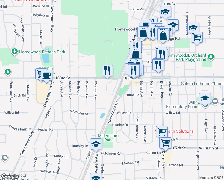 map of restaurants, bars, coffee shops, grocery stores, and more near 2301 183rd Street in Homewood