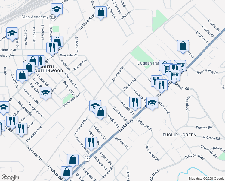 map of restaurants, bars, coffee shops, grocery stores, and more near 1636 Wayside Road in Cleveland