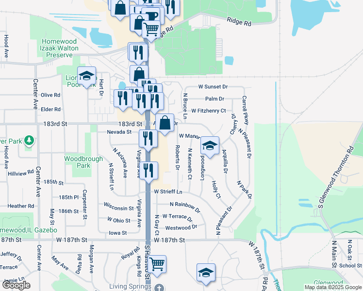 map of restaurants, bars, coffee shops, grocery stores, and more near 521 Roberts Drive in Glenwood