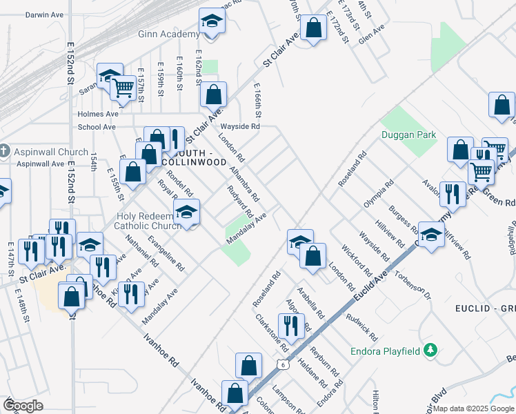 map of restaurants, bars, coffee shops, grocery stores, and more near 934 Alhambra Road in Cleveland