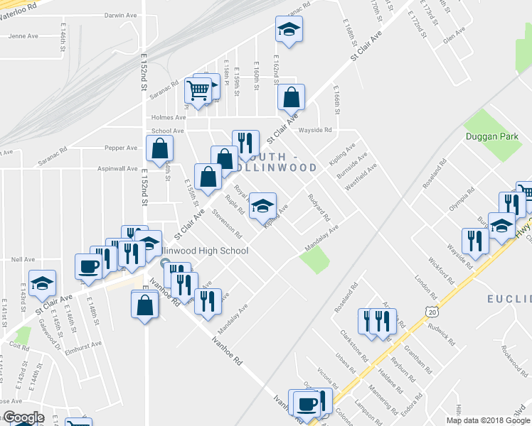 map of restaurants, bars, coffee shops, grocery stores, and more near 911 Royal Road in Cleveland