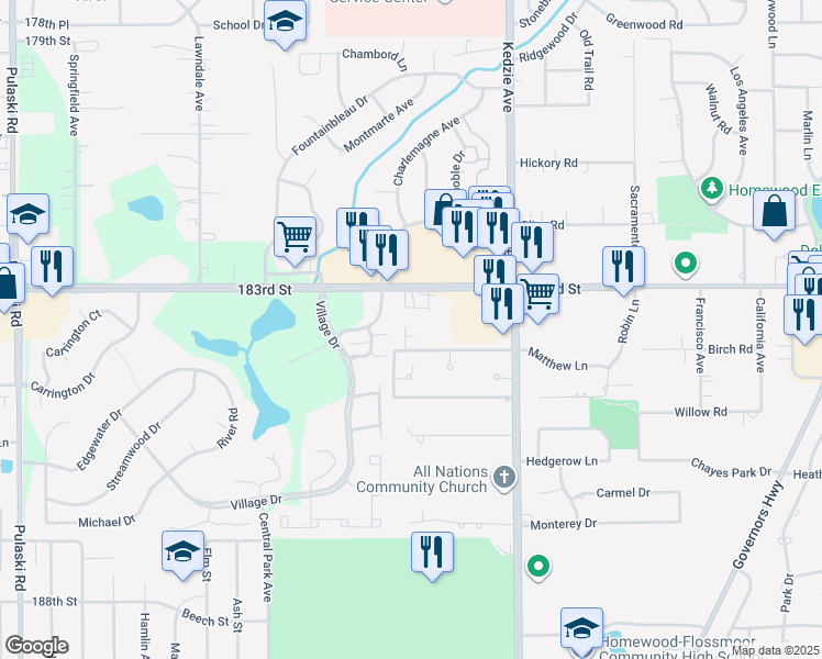 map of restaurants, bars, coffee shops, grocery stores, and more near 3334 West 184th Street in Homewood
