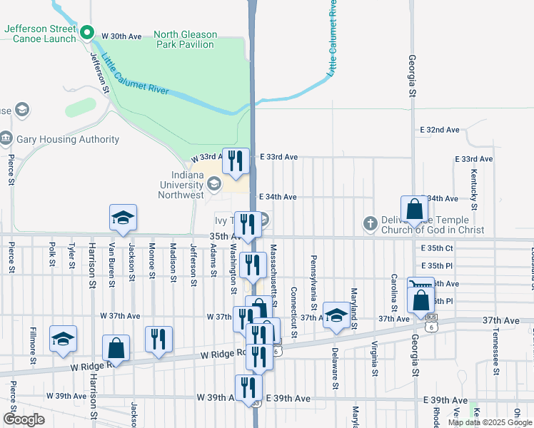 map of restaurants, bars, coffee shops, grocery stores, and more near 3440 Massachusetts Street in Gary