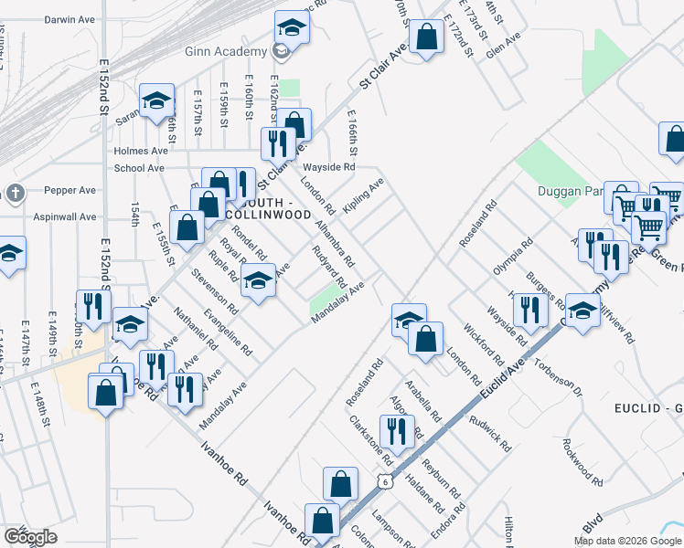 map of restaurants, bars, coffee shops, grocery stores, and more near 929 Rudyard Road in Cleveland