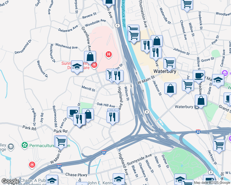 map of restaurants, bars, coffee shops, grocery stores, and more near 16 Starview Avenue in Waterbury