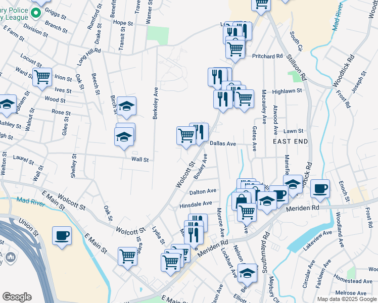 map of restaurants, bars, coffee shops, grocery stores, and more near 481 Wolcott Street in Waterbury