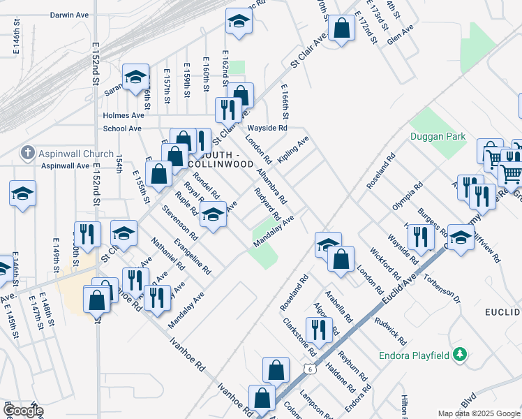 map of restaurants, bars, coffee shops, grocery stores, and more near 16316 Sanford Avenue in Cleveland