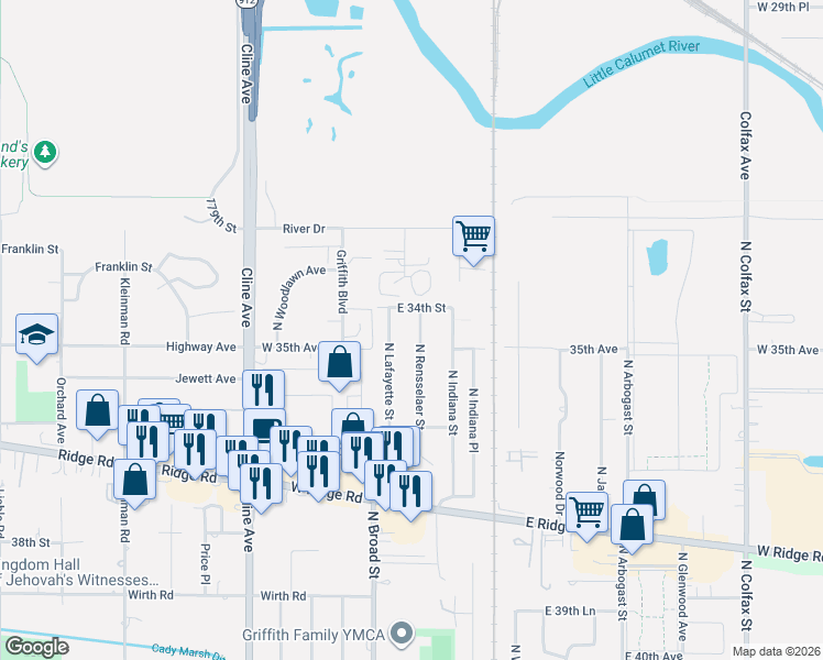map of restaurants, bars, coffee shops, grocery stores, and more near 1918 N Rensselaer St in Griffith