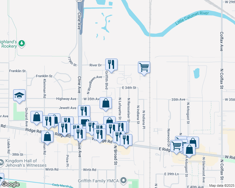 map of restaurants, bars, coffee shops, grocery stores, and more near 1918 North Lafayette Street in Griffith