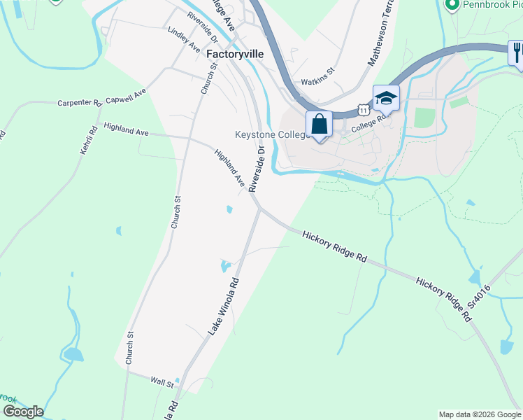 map of restaurants, bars, coffee shops, grocery stores, and more near 99 Riverside Dr in Factoryville